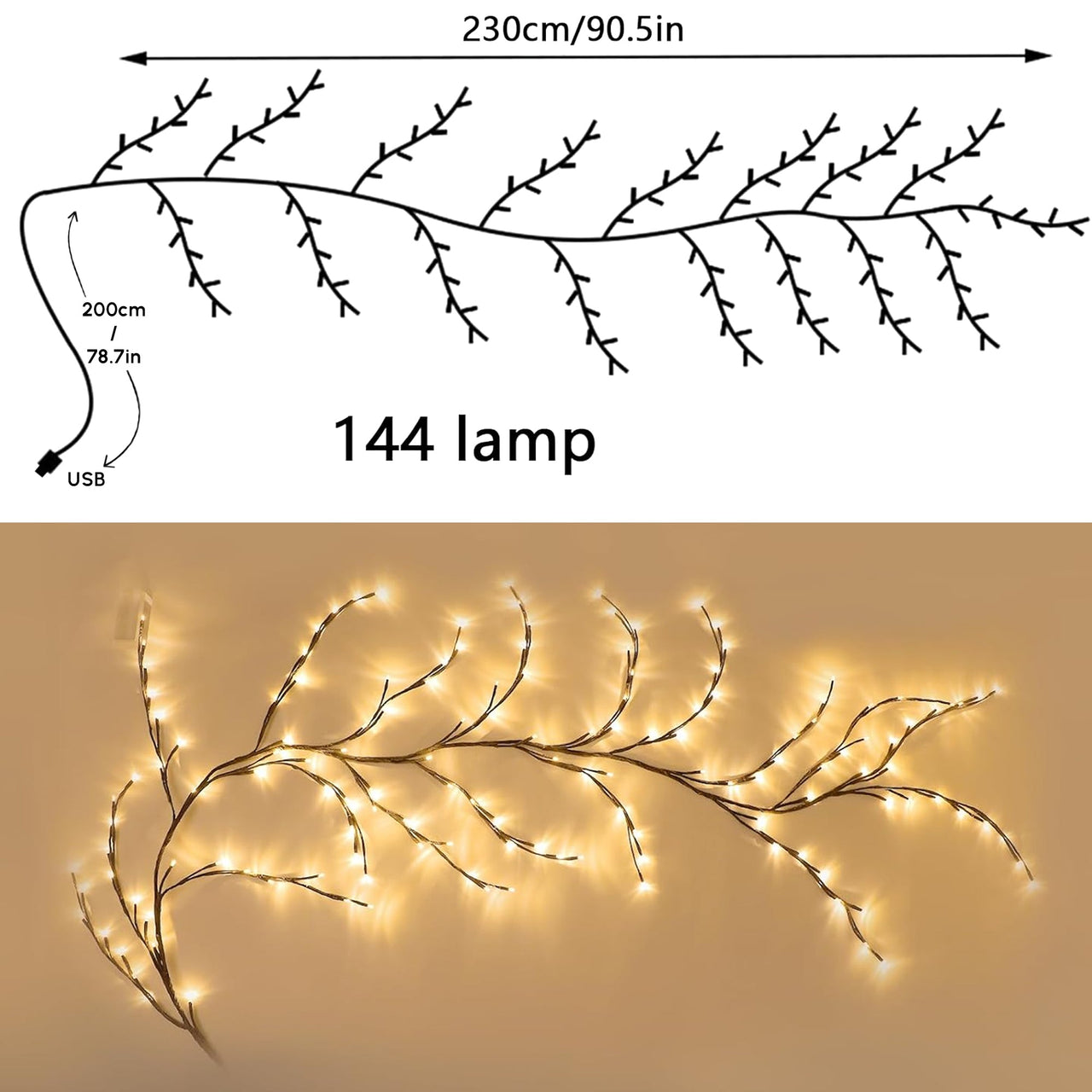 7.55 ft 144 LED USB Flexible Branch Indoor Wall Lights - Holiday