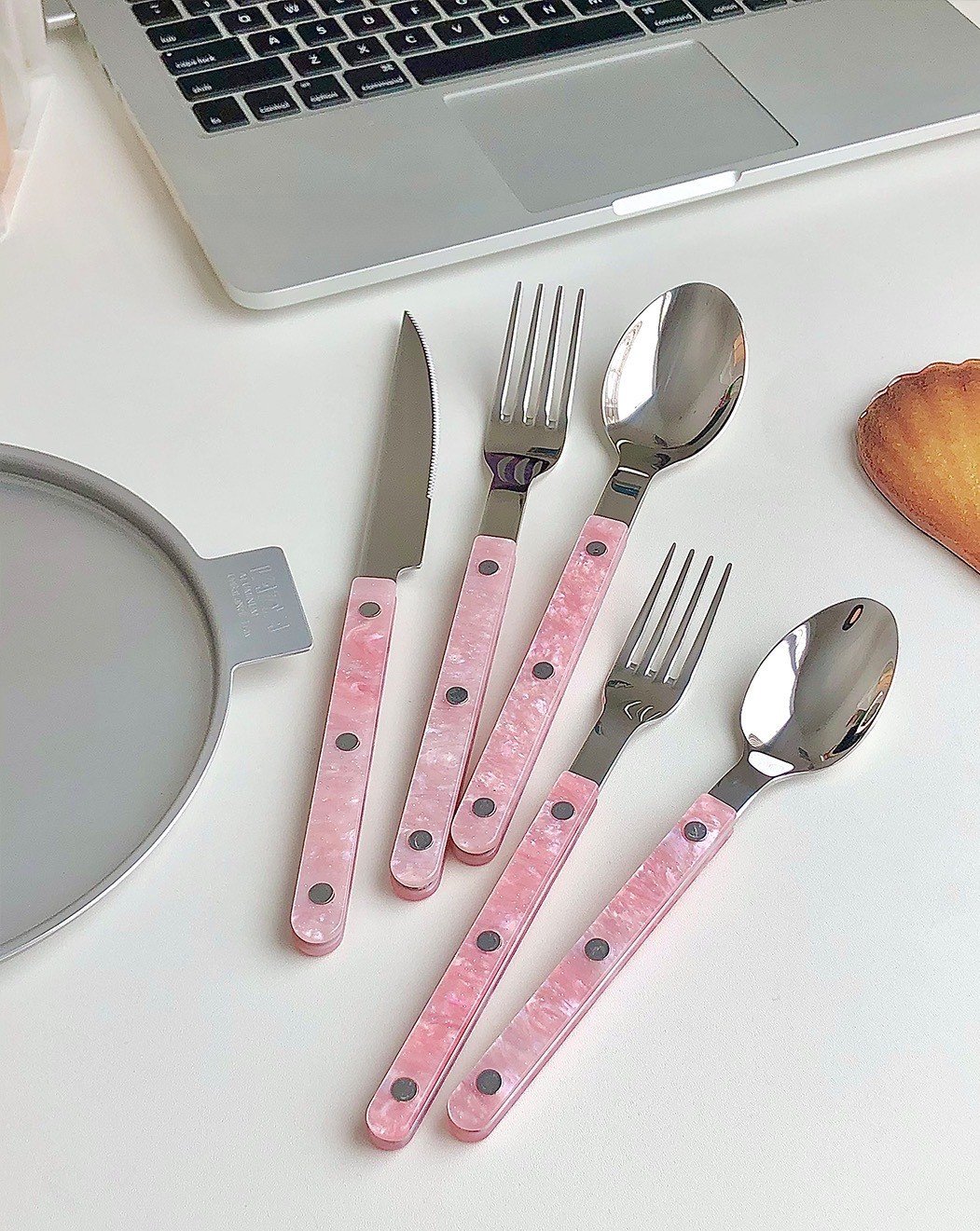 Modern French Bistro Style Flatware - 10 Piece Set - Marguerite - Pink Shell