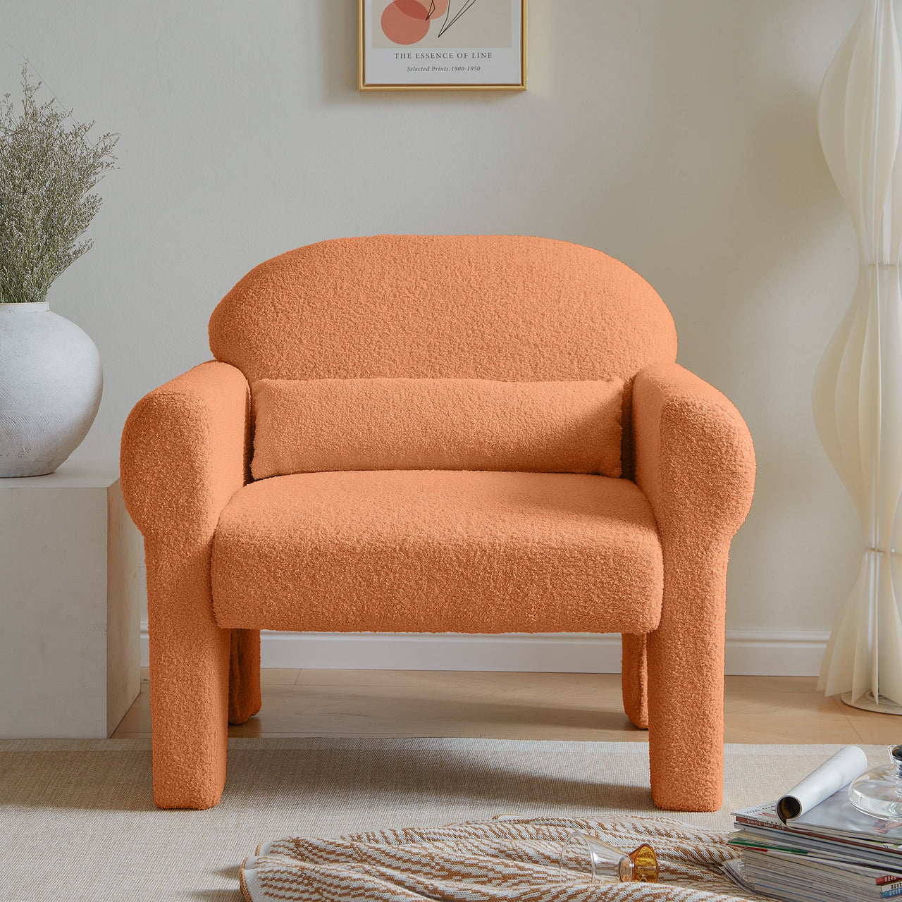 Modern Boucle Accent Chair w/ Lumbar Pillow - Orange