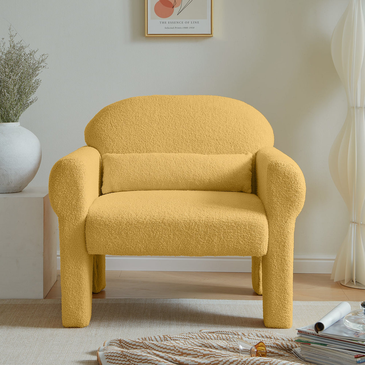 Modern Boucle Accent Chair w/ Lumbar Pillow - Antique Yellow