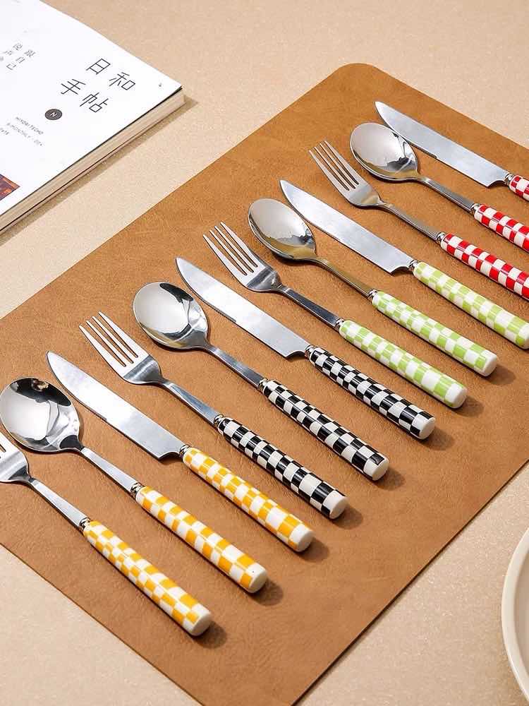 Modern Checkerboard Ceramic Handle Flatware - 6 Piece Set