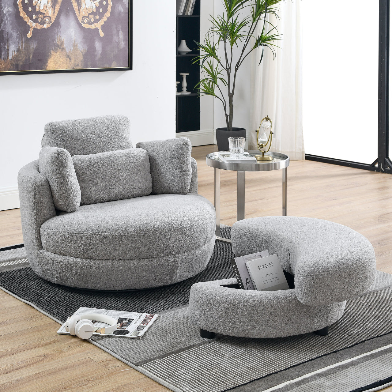 39"W Oversized Teddy Swivel Chair with Moon Storage Ottoman