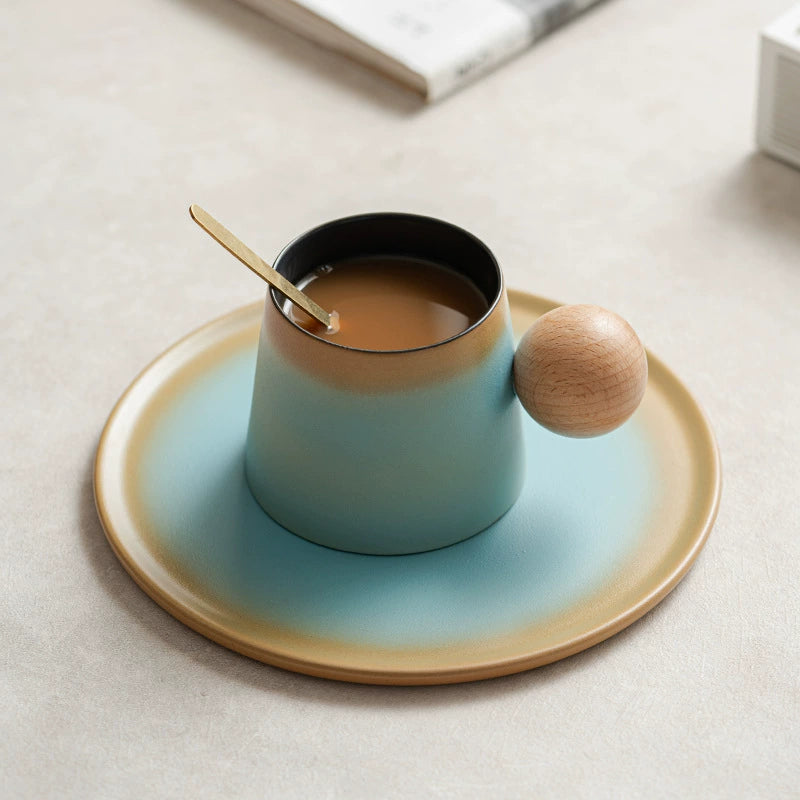 Natural Wood Handle Ceramic Coffee Cup & Saucer Set – Ombre Glaze