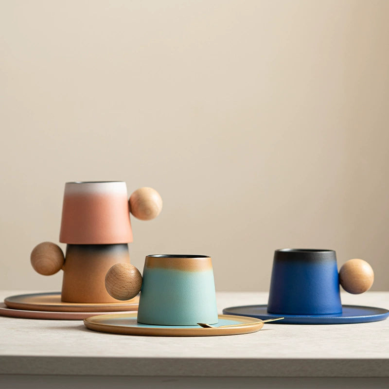 Natural Wood Handle Ceramic Coffee Cup & Saucer Set – Ombre Glaze