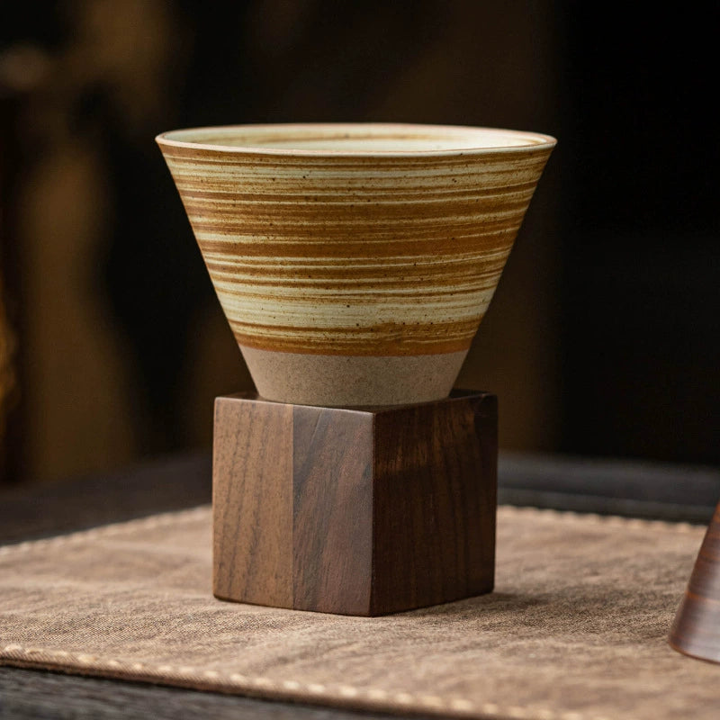 Handmade Cone Ceramic Mug with Square Walnut Wood Base