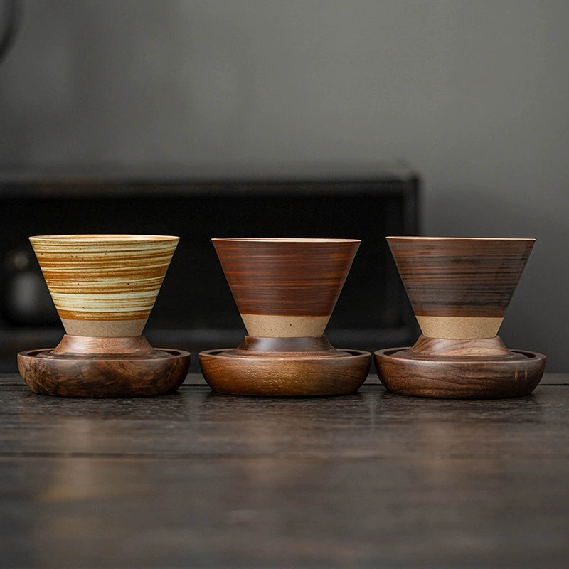 Handmade Cone Ceramic Mug with Wooden Saucer Base
