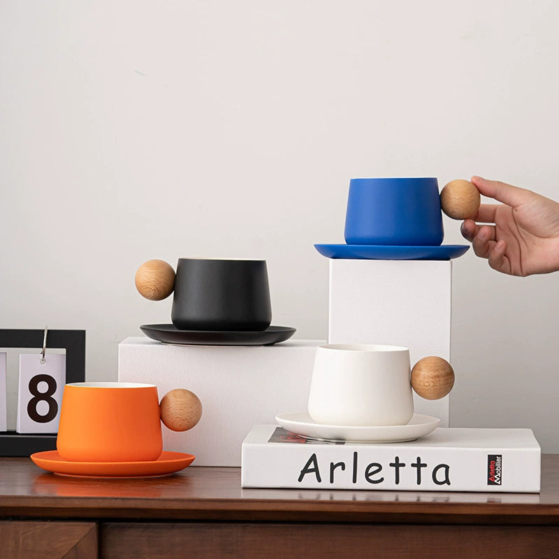 Beech Handle Ceramic Mug & Saucer – Nordic Style Gift Set