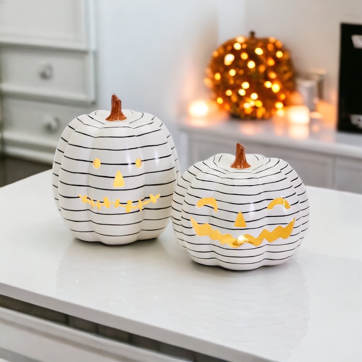 Hand Painted Striped LED Jack-O-Lanterns