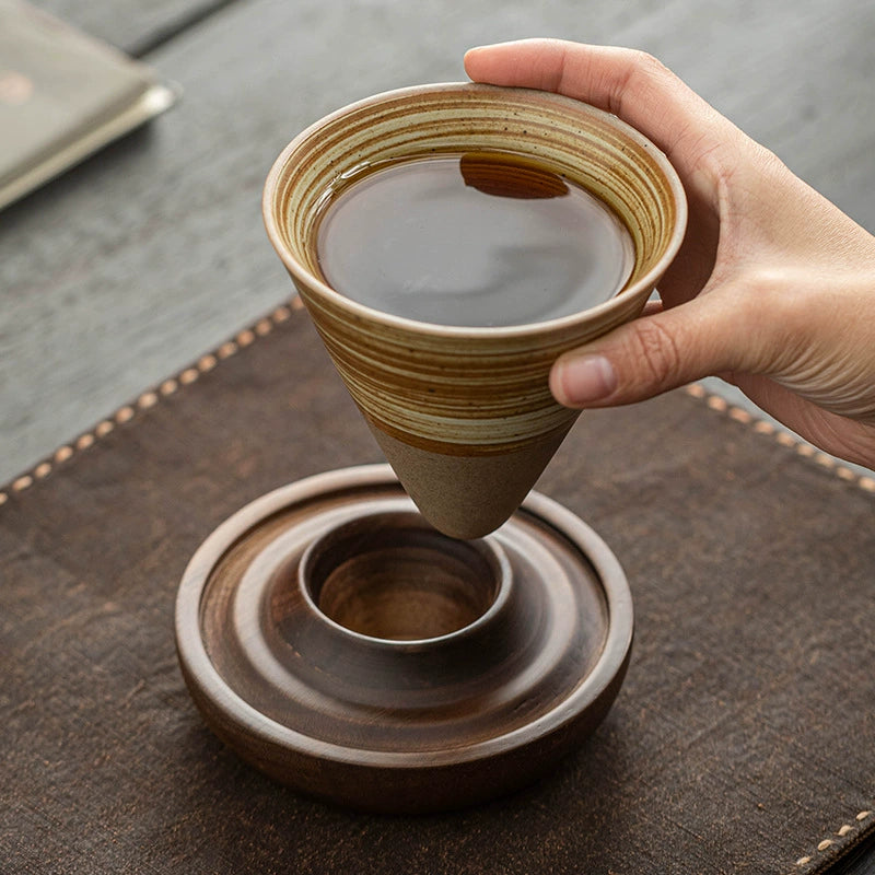 Handmade Cone Ceramic Mug with Wooden Saucer Base