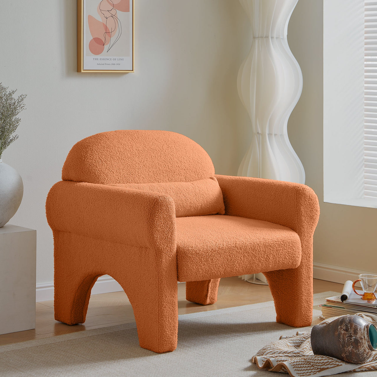 Modern Boucle Accent Chair w/ Lumbar Pillow - Orange