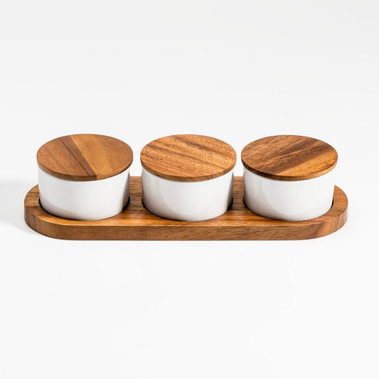 White Ceramic & Acacia Wood Condiment Set