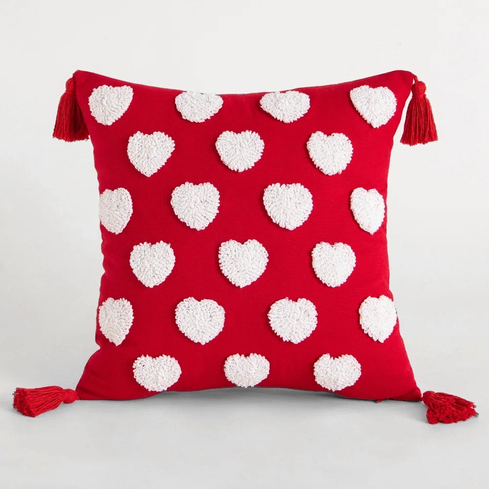 Tufted Valentines Day Hearts Throw Pillow Cover - Red - 18"x18"