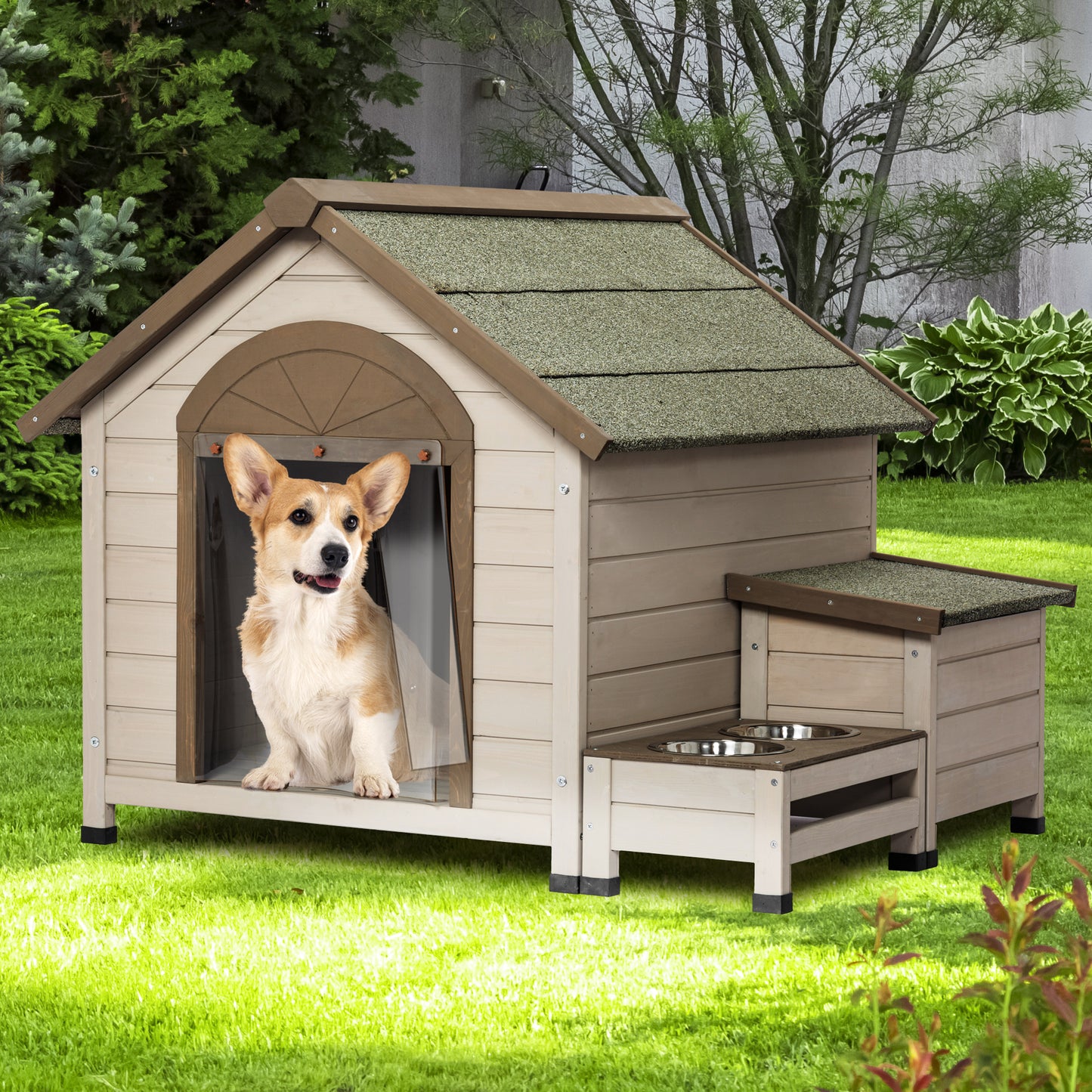 Outdoor Wood Dog House with Feeding Station