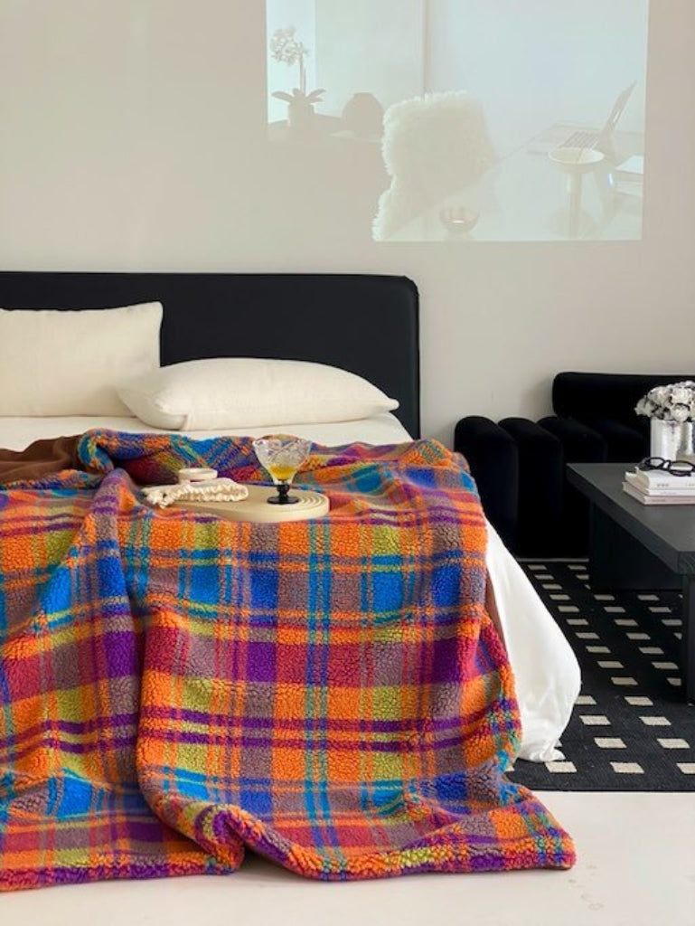Rainbow Plaid Throw Blanket - Ultra Soft Premium Teddy Bear Fleece