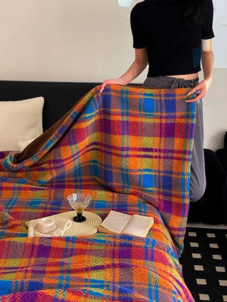 Rainbow Plaid Throw Blanket - Ultra Soft Premium Teddy Bear Fleece