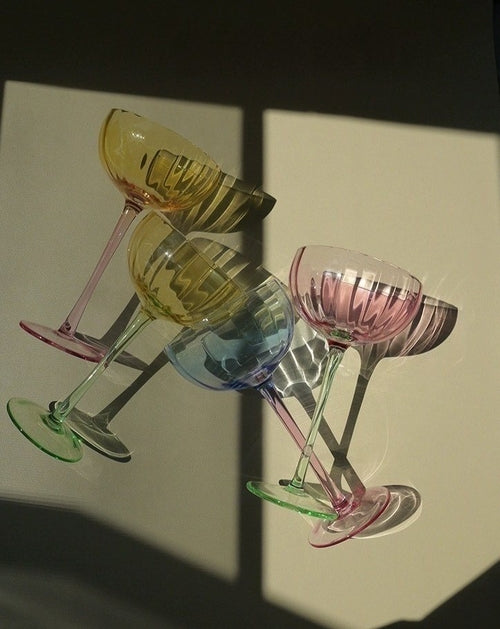Hand Blown Retro Pastel Colored Cocktail Coupe Glasses - Set of 4