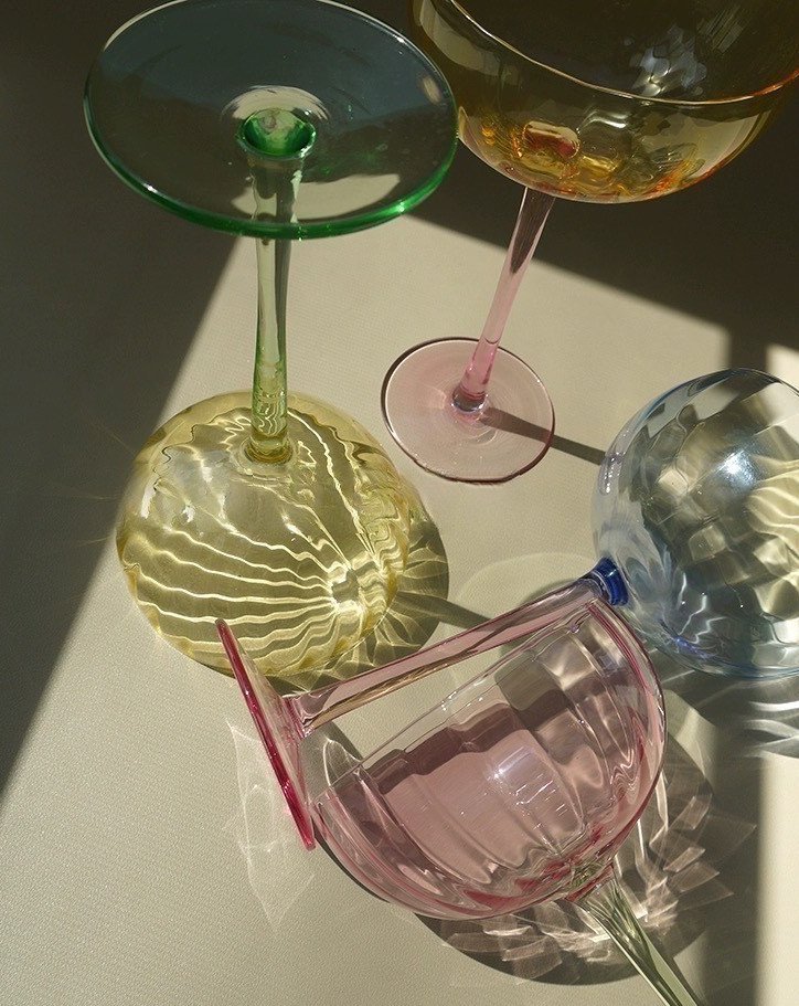 Hand Blown Retro Pastel Colored Cocktail Coupe Glasses - Set of 4