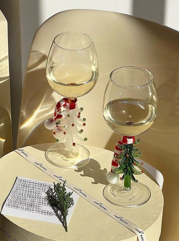 Handblown Christmas Tree Wine Glasses - Set of 2