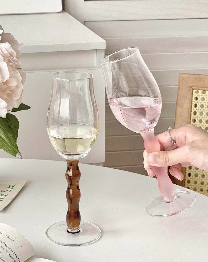 Handblown Retro Wavy Rose Fluted Wine Glasses - Set of 4