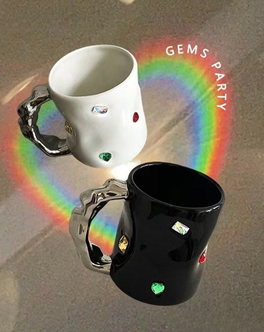 Handmade Ceramic Gemstone Couple Coffee Mugs with Wavy Handle