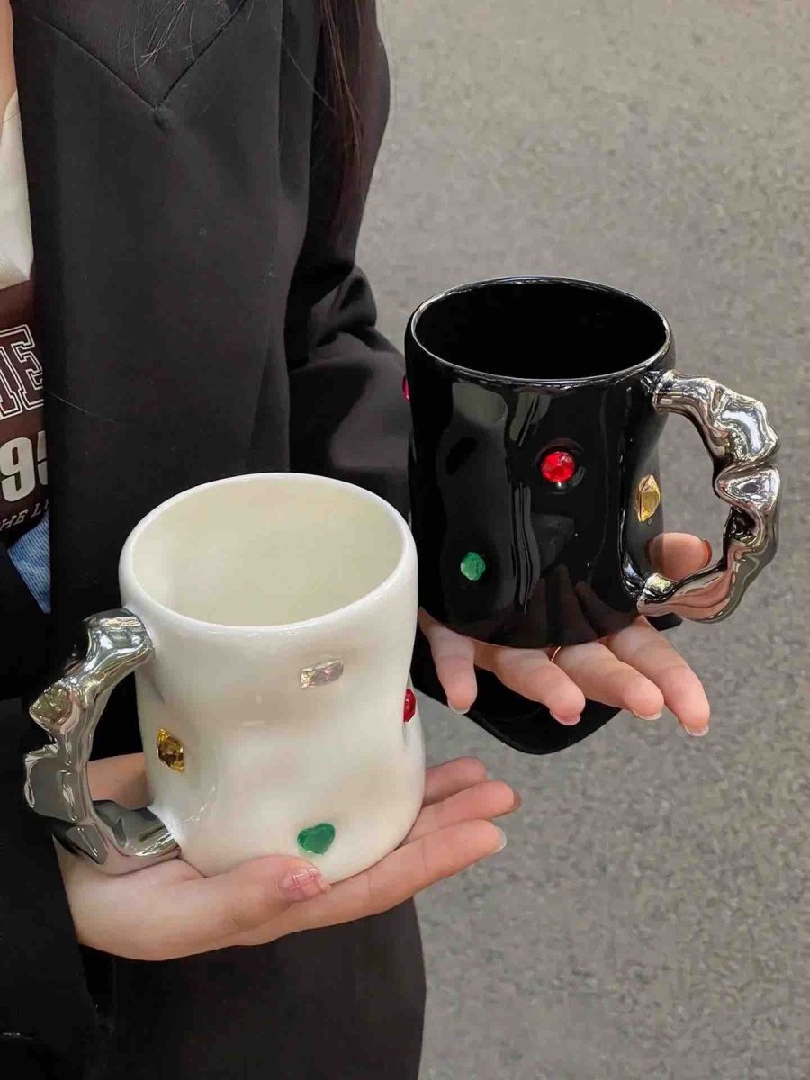 Handmade Ceramic Gemstone Couple Coffee Mugs with Wavy Handle