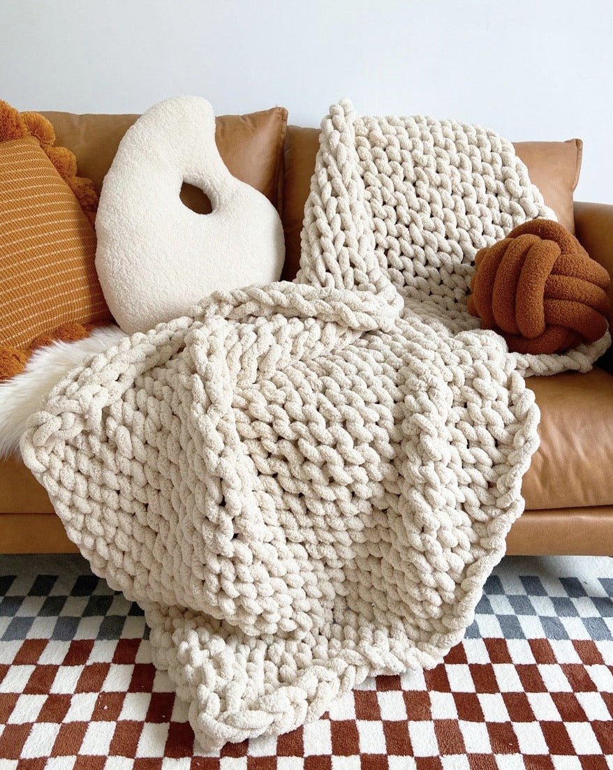 Handmade Beige Chunky Fluffy Knit Throw Blanket