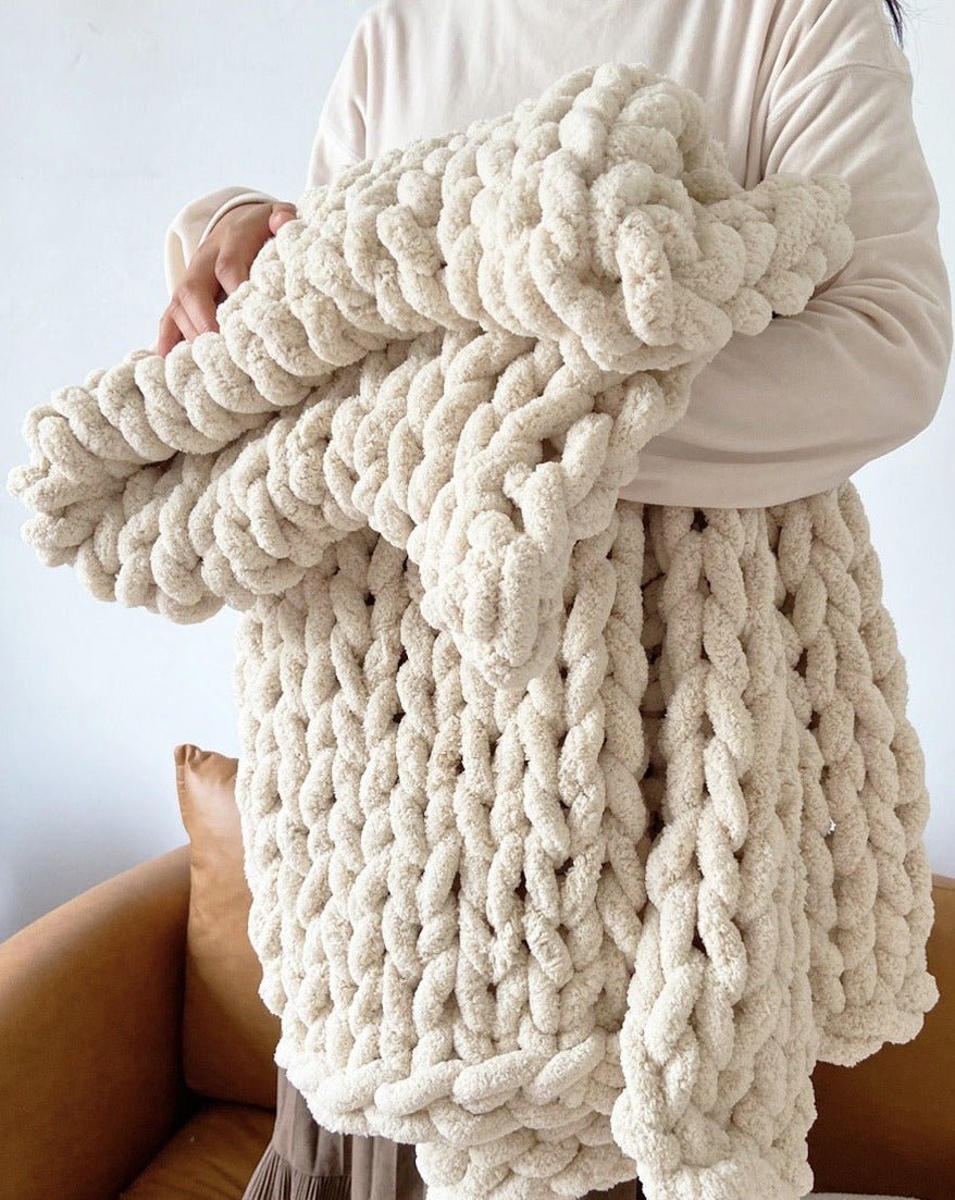 Handmade Beige Chunky Fluffy Knit Throw Blanket