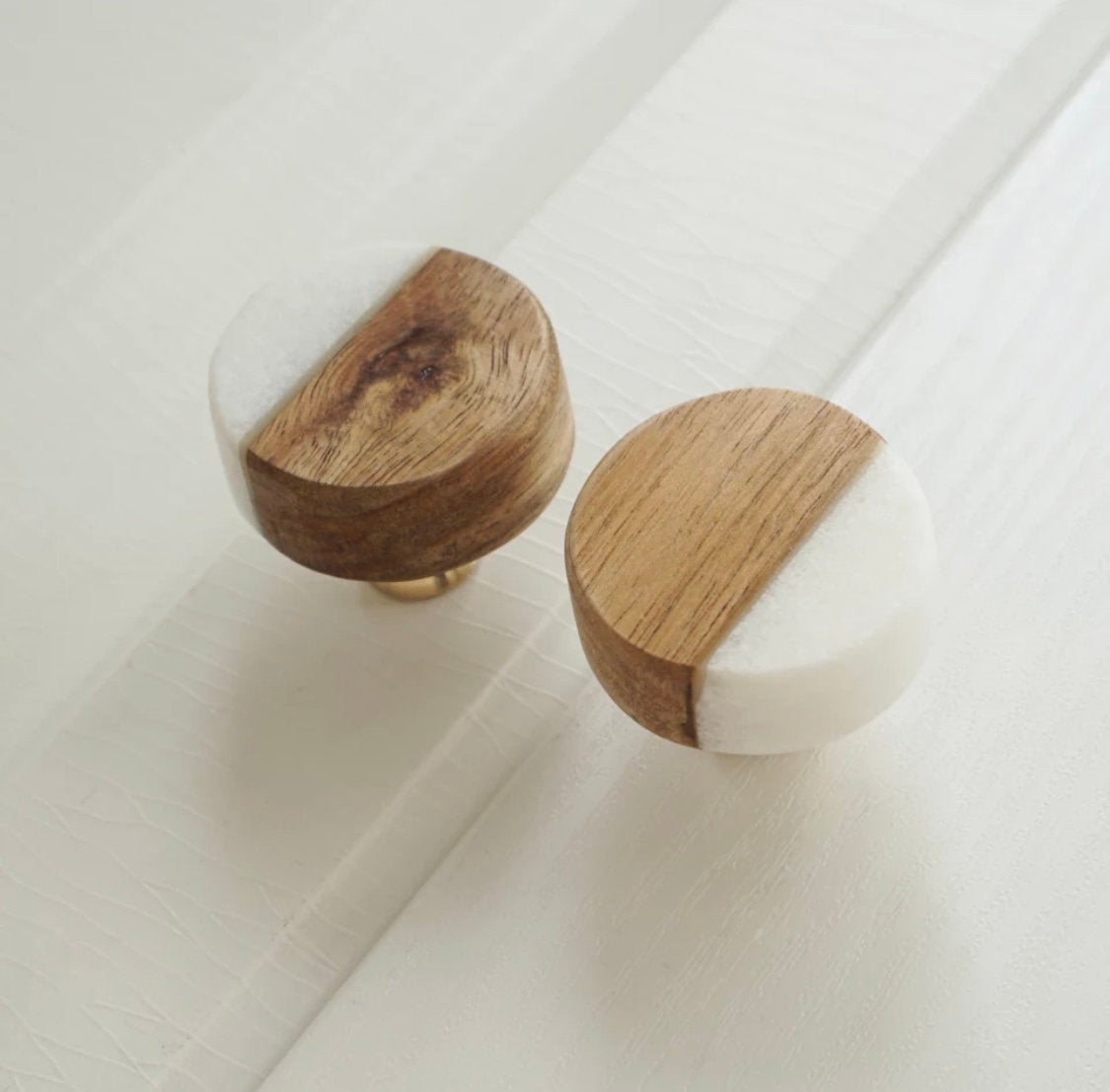 White Stone and Wood Cabinet Knobs - Modern Drawer Pulls
