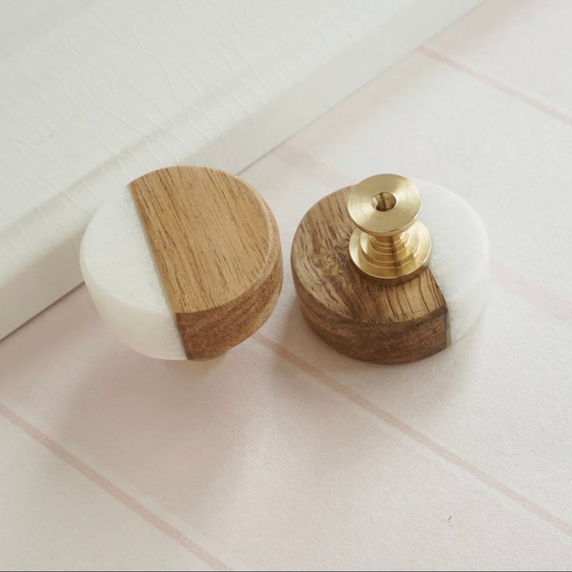 White Stone and Wood Cabinet Knobs - Modern Drawer Pulls