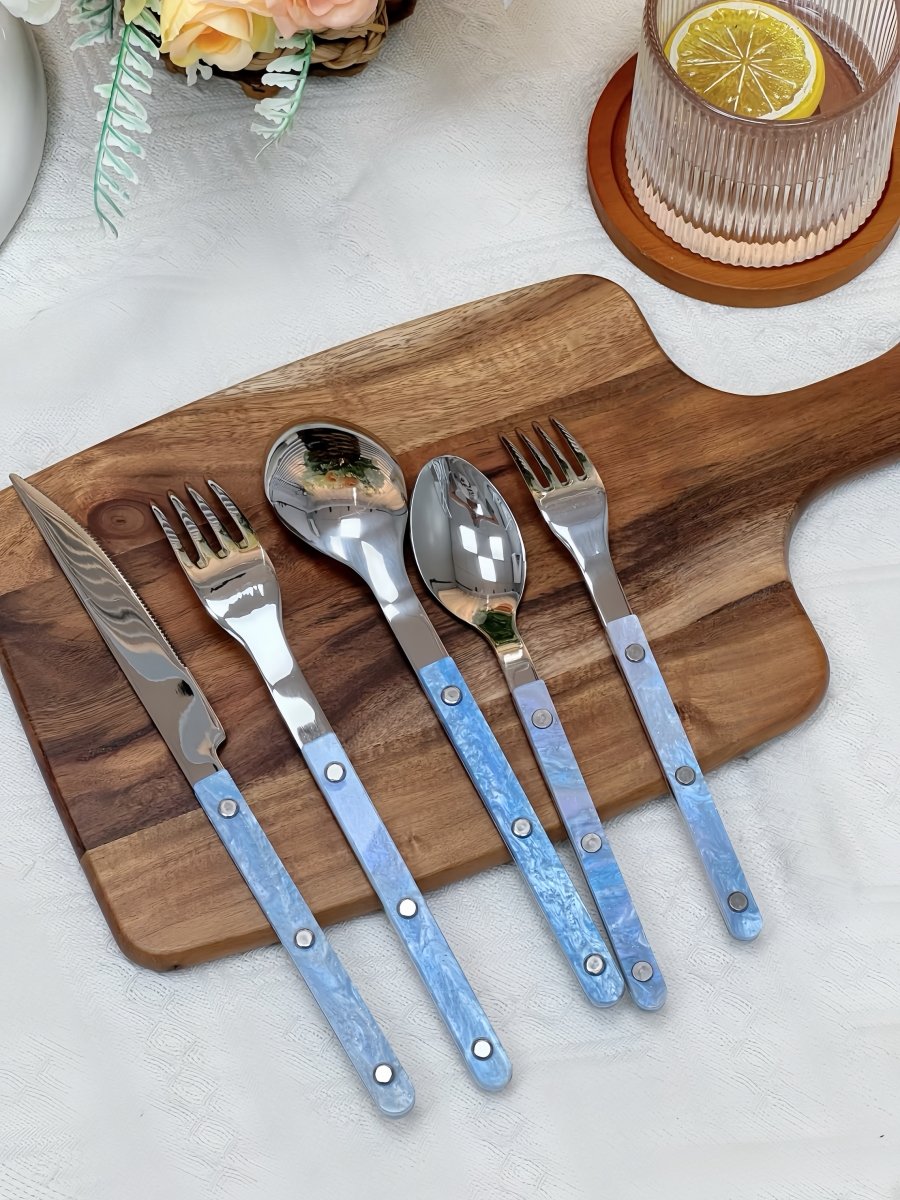 Set Of 10 Pcs Modern Nebula Cutlery, Bistrot Style Rivet Flatware Set-5