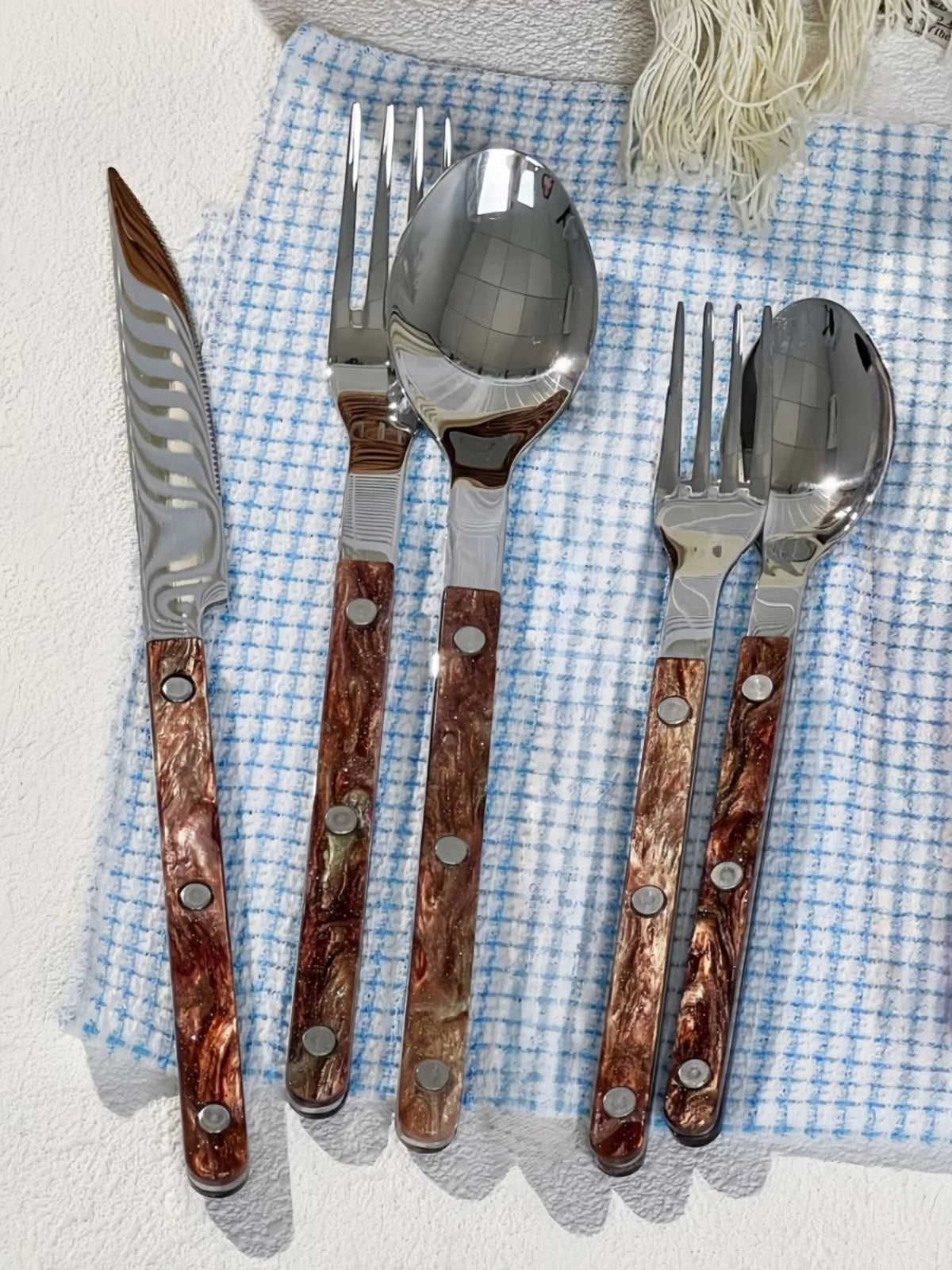 Set Of 10 Pcs Modern Nebula Cutlery, Bistrot Style Rivet Flatware Set-6