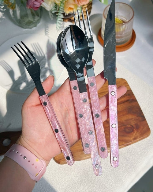 Modern French Bistro Style Flatware - 10 Piece Set - Marguerite - Pink Shell